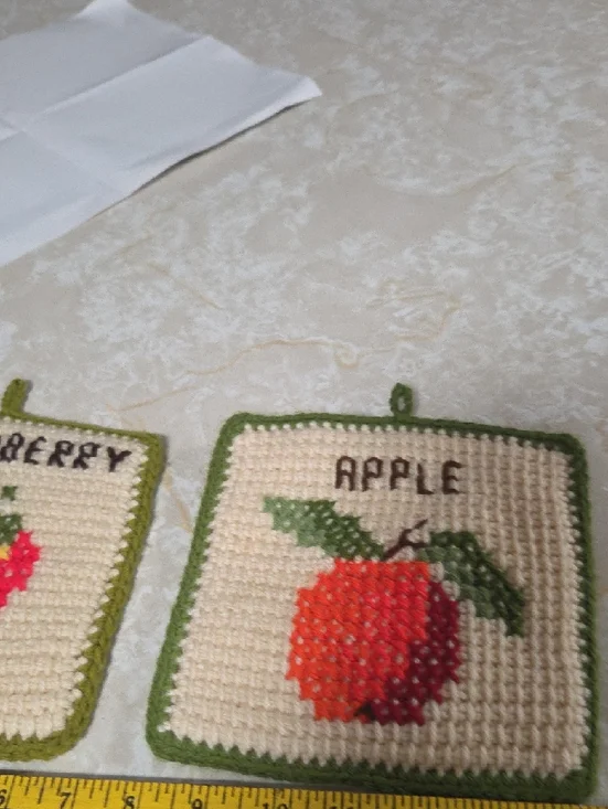 Handmade Crocheted Fruit Potholders - Strawberry & Apple - Cream and Green - Picture 11 of 11